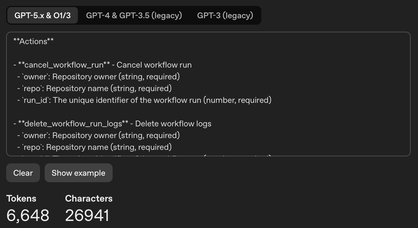 Tokenizer Example of the tool description of the GitHub MCP Server, showing 6,648 tokens used, with 26941 characters, using the gpt-5.x tokenizer by OpenAI